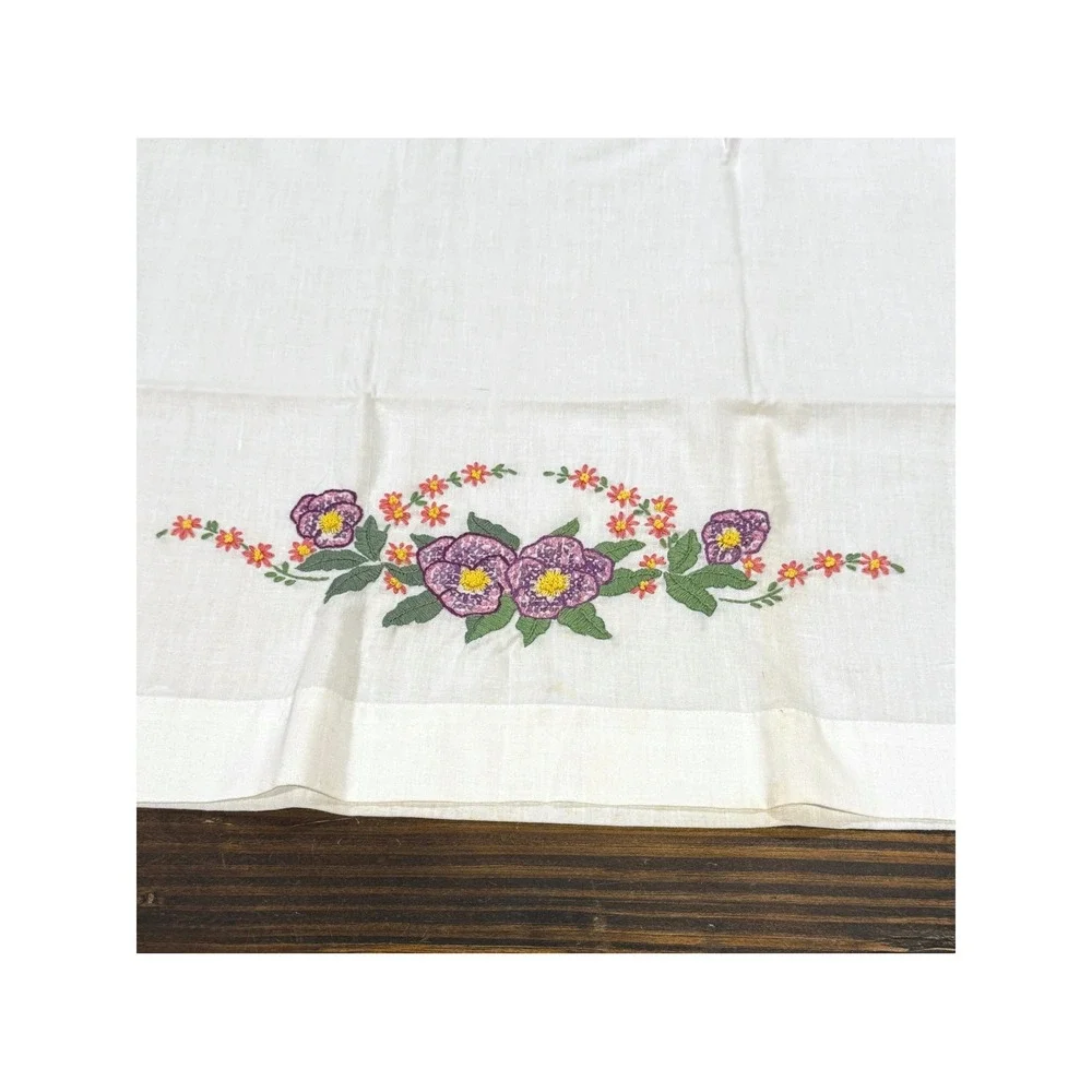 Vintage Hand Embroidered 2 Paisley Pillowcases Pair White Floral Cottagecore